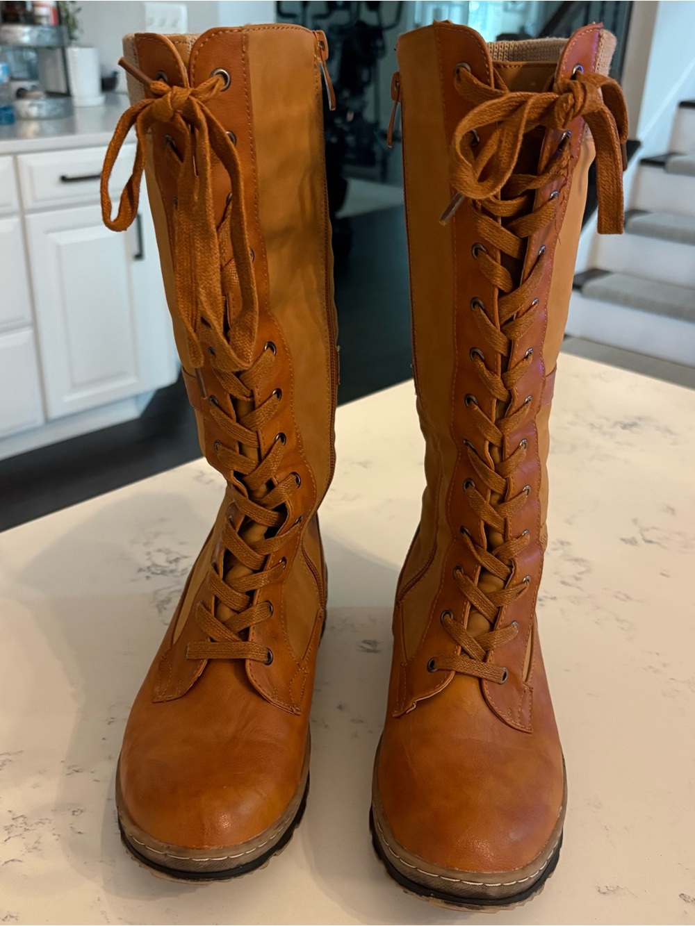 Extreme by Eddie Marc Janet Tan Tall Knit Cuff Lace Up Boots Sz 9M - Picture 2 of 7